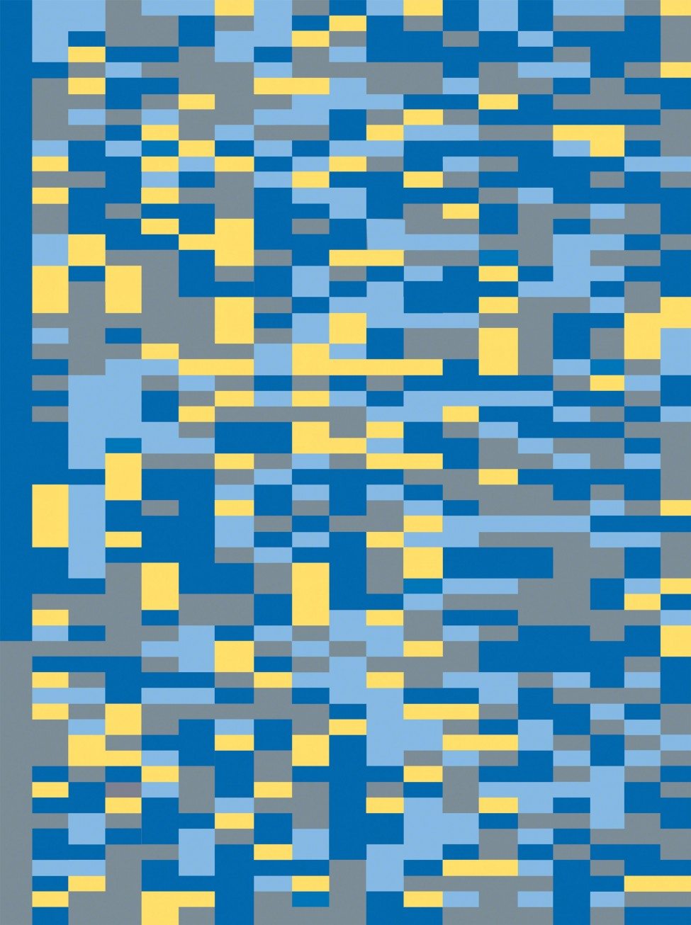 An artwork by Sunnye Collins representing a snapshot of a partial DNA sequence of a white shark. A science educator by training, Collins’s artwork comes from a desire to encour­age people to think about science in a different way. Four colours are chosen, one for each nucleobase that ultimately makes up nucleotides. She is fascinated by this micro-shuffling DNA, which ultimately creates every living thing on the planet. The resource for this code comes from the GenBank at the National Center for Biotechnology Information.<br />
www.sunnyecollins.com