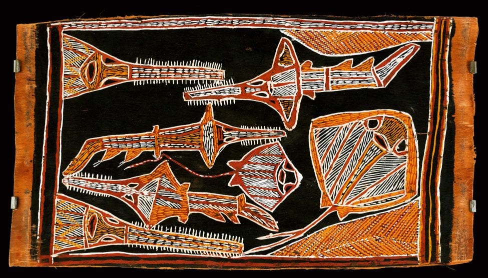 The creation of the Angurrgwa (Angurugu) River by Stingray, Ray Shark and Sawfish.<br />
Artwork by Nandabida Maminyamanja | Museum and Art Gallery of the Northern Territory (MAGNT) | Reference ABART-1649 | Reproduced with the permission of the artist's family.