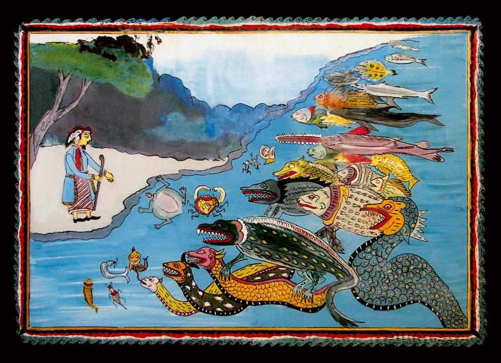 Indonesian glass painting depicting Nabu Sulaiman trying to feed all the creatures of the sea.<br />
Photo by Matthew McDavitt