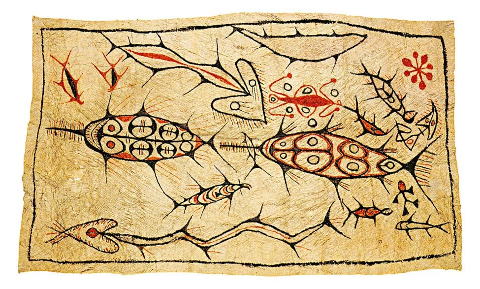 Maro (bark cloth) painting from Lake Sentani, West Papua, depicting two sawfishes.<br />
Collection Nationaal Museum van Wereldculturen. Coll.no. RV-3600-749.