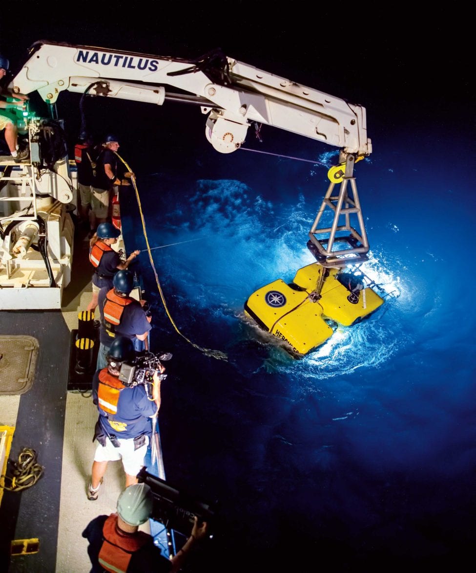 The remotely operated underwater vehicle (ROV) Hercules allows scientists to film the sea floor thousands of metres below the surface. Piloted by technicians aboard the research vessel, cameras can more easily venture into habitats that would endanger researchers.<br />
Photo by Julye Newlin | Ocean Exploration Trust | Nautilus Live Copyright